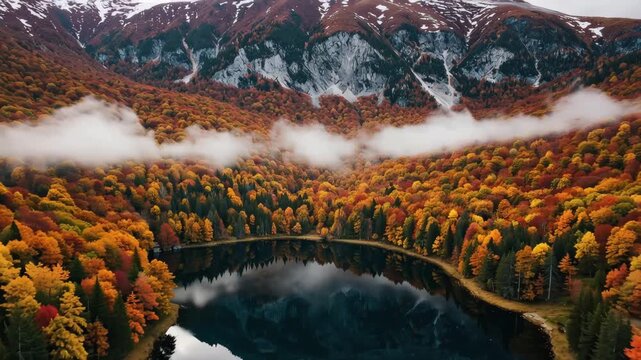 Aerial view of a mountain lake surrounded by golden autumn forest with clouds floating over the peaks. Scenic wilderness nature landscape during the fall season.