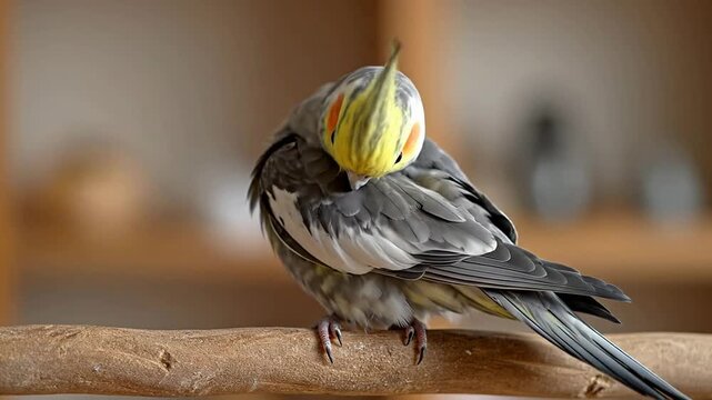 Close-Up View Of A Cockatiel Grooming Its Colorful Feathers While Perched, Showcasing Avian Behavior In Vivid Detail