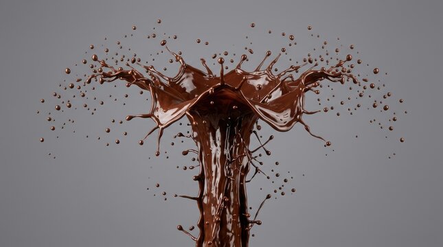 Dynamic dark chocolate liquid splash rising upward in beautiful artistic motion against a solid gray background