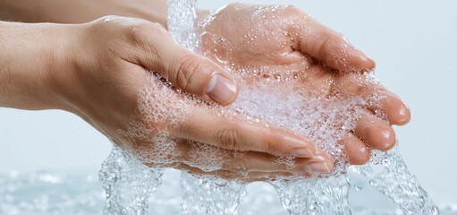 Fototapeta premium Hands covered in rich foam rinsed under water, highlighting hygiene and cleanliness in a bright setting.