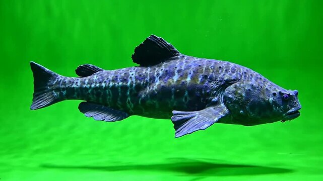 Coelacanth Gliding Slowly with Unusual Lobed Fins Against Vibrant Green Background in an Aquatic Scene