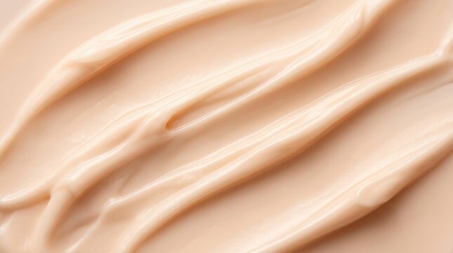Creamy cosmetic foundation texture showing smooth wavy smears of liquid makeup on a soft beige background