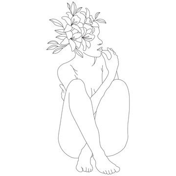 Line Art Woman Sitting Pose with Floral Blooming Face Vector Illustration Isolated on White Background