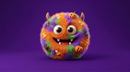 Fototapeta premium Funny fluffy monster with purple orange and green fur decorated for Halloween. Cute cartoon creature with horns pumpkin and spider. Digital 3D character design for holiday celebration.