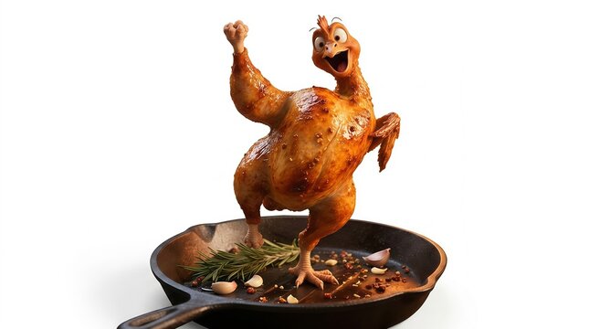 Roasted chicken character dancing in a cast iron skillet isolated on white background