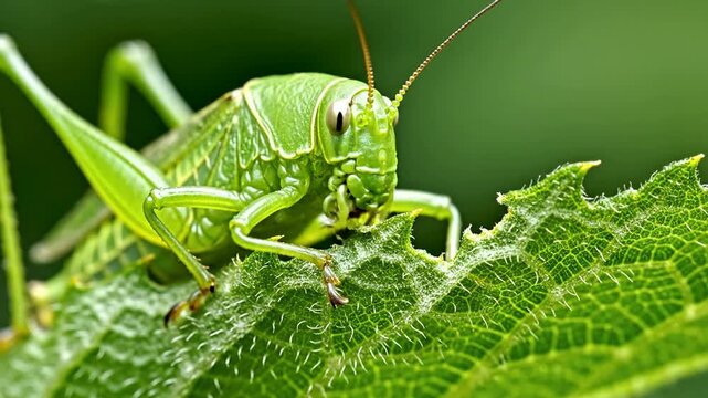 Extreme Close-Up of a Grasshopper Chewing a Leaf Edge with Mouthparts Detailed and Leaf Texture Highlighted in Nature Setting
