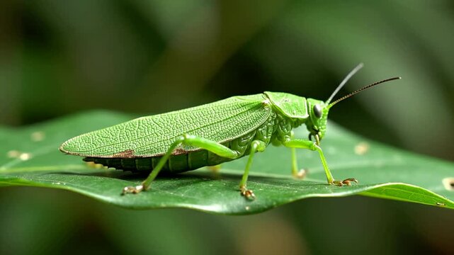 Extreme Close-Up Of A Green Leaf Insect On Lush Green Foliage Showcasing Detailed Textures And Vibrant Nature