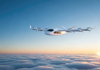 Naklejka premium A sleek white electric aircraft with multiple propellers flies through a clear blue sky above a layer of soft white clouds at sunrise, technology, transportation, solar