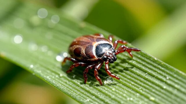 Extreme Close-Up of a Tick Crawling Slowly on Fabric or Grass Highlighting Its Detailed Body and Movement in a Natural Outdoor Environment