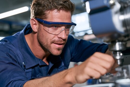 Male engineer wearing safety goggles working on machine