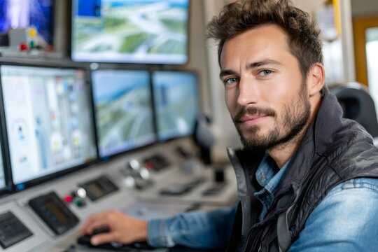 Male industrial worker monitoring systems in control room