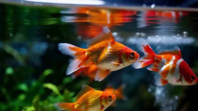Goldfish Swimming Gracefully in Aquarium with Pebbles and Plants Underwater Serene Natural Habitat