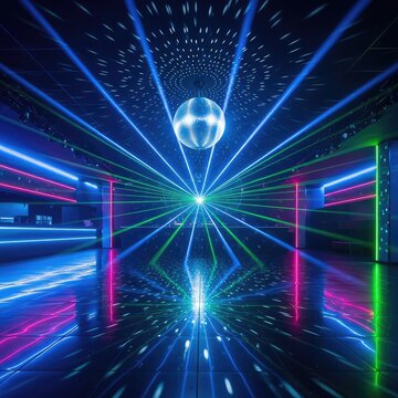 A vibrant night club interior featuring a large empty dance floor beneath a sparkling disco ball with colorful laser beams and neon lights, violet, ray, luxury