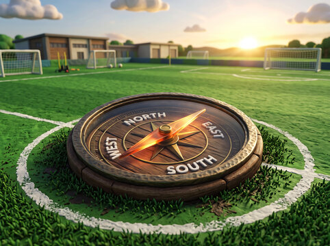 A vintage style compass on a soccer field points north east south west with sunset light.