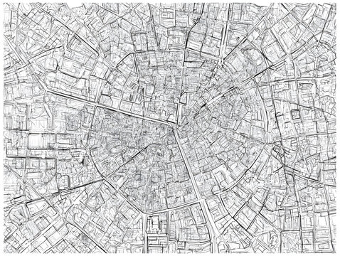 The artistic monochrome black and white sketch map of Milan Cetro, Italy, is detailed.