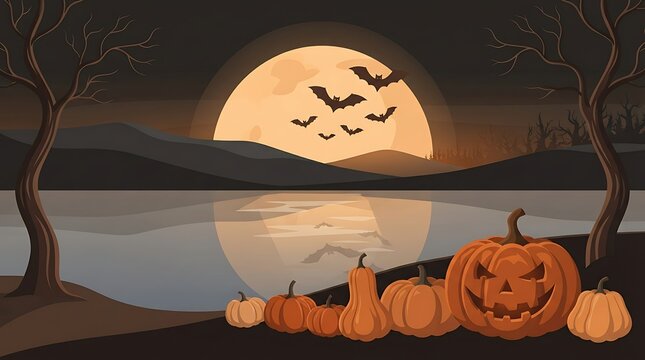 Spooky helloween landscape featuring glowing jack o lanterns by a calm lake under a large full moon