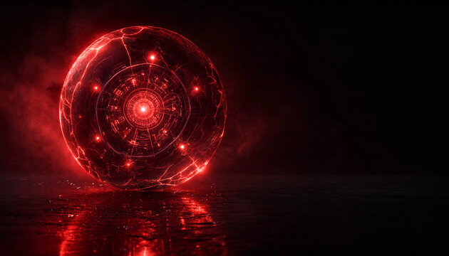 Futuristic glowing crimson red plasma orb reactor core with intricate cybernetic circuits and red energy atmosphere isolated on dark reflective surface background