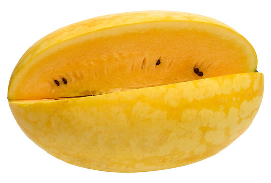 A cut yellow watermelon with seeds close-up, isolated background