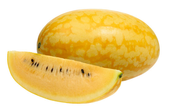 A piece and a whole yellow watermelon on an isolated background