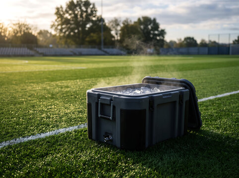 A cooler filled with ice and water sits on an artificial turf field on a sunny day.