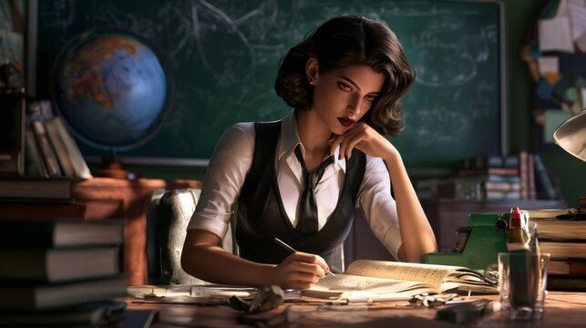 Woman concentrating on writing and studying in library