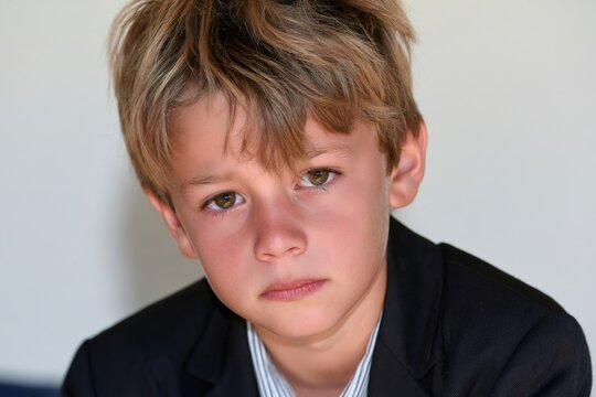 Young boy showing sad expression looking at camera
