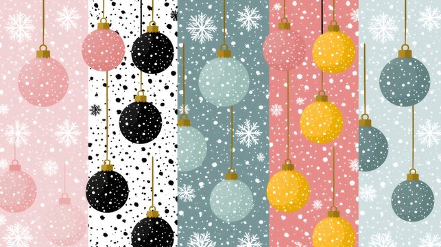 Christmas holiday ornaments falling with winter snowflakes patterns
