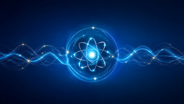 Abstract glowing atom model with orbiting electrons and energetic waves on a dark blue background, representing science, technology, and energy