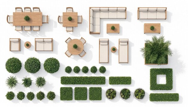 Top view set of modern outdoor furniture and decorative garden plants