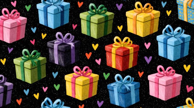 Colorful gift boxes and hearts on black background