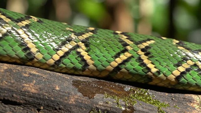 Macro Close-Up Of Green Snake Scales Gliding Over Log In Lush Tropical Environment