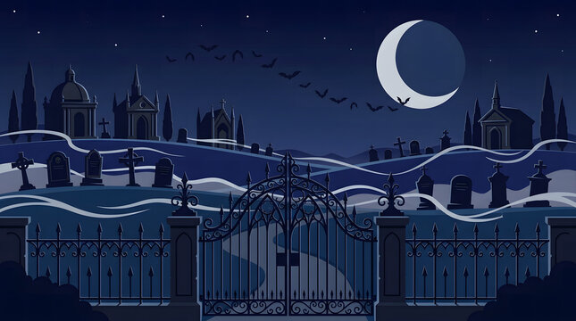 Spooky Halloween vector illustration, haunted cemetery background with graveyard and moon, vintage flat design, open gate and silhouetted tombstones, dark blue night scene