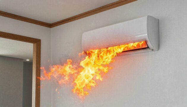 A residential air conditioner unit on a wall emitting bright hot orange flames