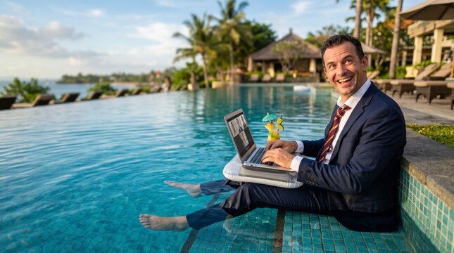 Cheerful businessman attending a video call on a laptop while sitting in a luxury tropical resort pool