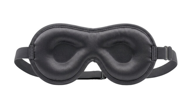 Black padded sleep mask with contoured eye cups, ergonomic silk eye cover for travel and rest, premium light blocking blindfold isolated PNG with Transparent Background