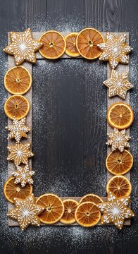 Star shaped gingerbread cookies and dried orange slices arranged in a frame on dark rustic wood with sugar dusting and central copy space, bakery, brown, homemade