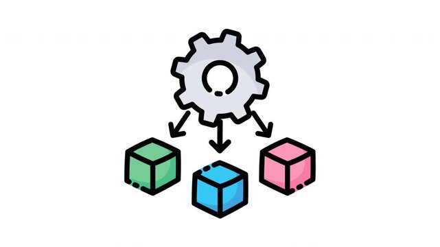 Gear with arrows pointing to three colorful cubes representing process and output.