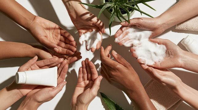 Diverse hands presenting a blank natural face wash tube with foam forming in mid-lather. Concept of face wash packaging mockup.