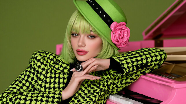 Glamorous woman with lime green hair and houndstooth jacket leaning on pink grand piano for retro fashion and music promotion background