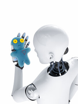 Robot looking at doll, 3d rendering