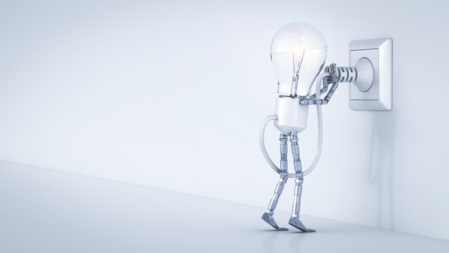 Electric bulb manikin putting plug in socket
