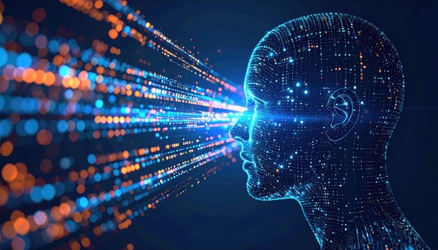 Abstract digital human head with glowing data streams flowing outwards representing artificial intelligence and technology