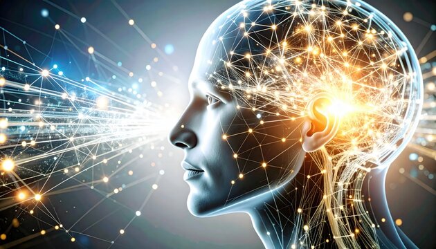 Abstract digital human head with glowing data streams flowing outwards representing artificial intelligence and technology