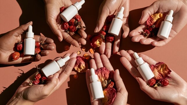 Gentle diverse female hands presenting a blank rosehip face oil bottle on a botanical surface. Concept of rosehip oil packaging mockup.