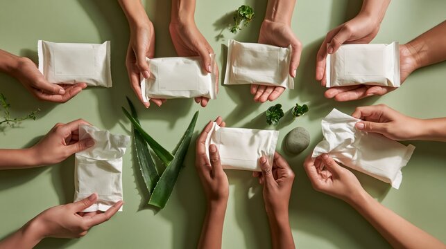 Gentle diverse hands presenting a blank organic face wipes pack on a bathroom surface. Concept of face wipes packaging mockup.