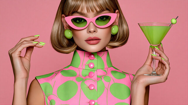 Elegant woman in vintage sunglasses and polka dot dress holding green cocktail glass on pink background. Alcohol drink, summer party and nightlife concept. Fashion portrait for poster 