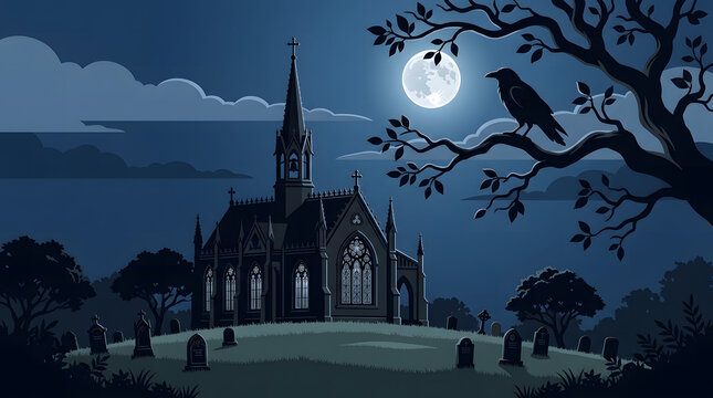 Gothic Night Scene: Church and Cemetery with Full Moon, Crow on Tree Branch, Eerie Graveyard Landscape, Spooky Halloween Illustration
