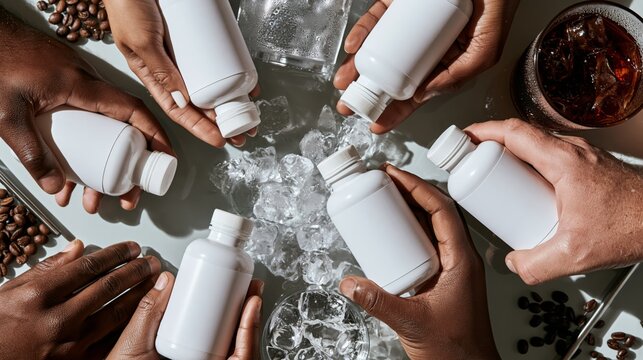 Diverse hands presenting a blank cold brew coffee bottle on a glass surface with ice. Concept of cold brew packaging mockup.