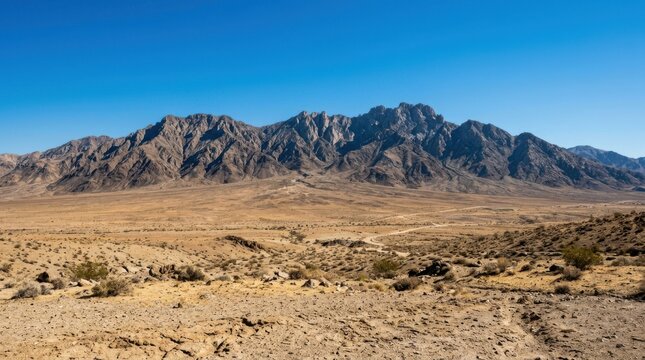 Majestic desert mountains rising above a vast arid valley under a clear vibrant blue sky today