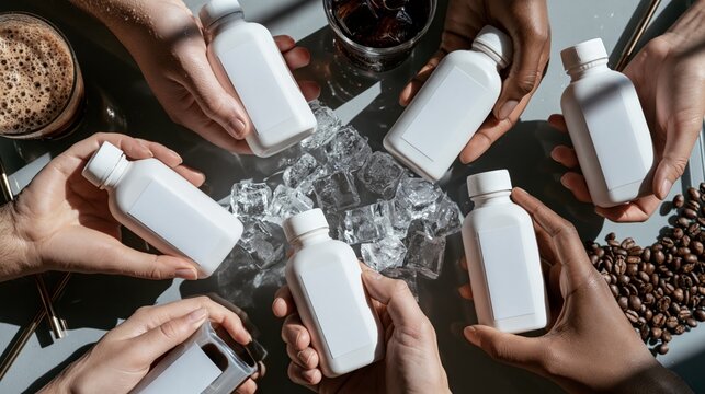 Diverse hands presenting a blank cold brew coffee bottle on a glass surface with ice. Concept of cold brew packaging mockup.
